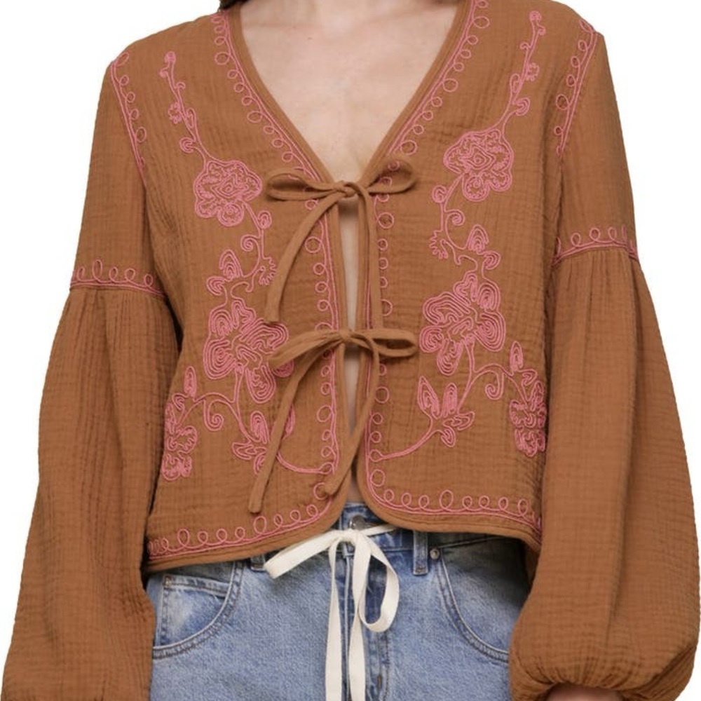 Avec Les Filles Pink Embroidered Brown Tie-Front Blouse Jacket